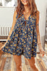 Blue Retro Floral Print Bow Tie V Neck Sleeveless Pleated Loose Denim Romper by Wild and Free Boutique