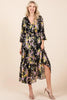 Flower Print Satin Lurex Stripe Smocked Midi Dress For Summer – Elegant and Sparkling Floral Dress with Tiered Design by Stevvex