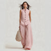Women's Stand Collar Sleeveless Top & High-Waist Wide-Leg Pants Set by FitiqueFit