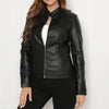 Women's Solid Color Long Sleeve Stand Collar Faux Leather Blazer by FitiqueFit