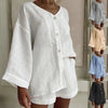 Women's Cotton Linen Shirt & Shorts Set – Long Sleeve, Button, Casual 2-Piece by FitiqueFit
