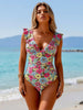 Women's Floral Print One-Piece Swimsuit — Ruffled Shoulder Detail by FitiqueFit