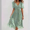 Floral Print A-Line Dress – V-Neck Short Sleeve Midi Dress by FitiqueFit