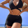 Coastal Curve Halter Bikini Set for Women – V-Neck Crisscross Drawstring Swimsuit with Chic Ring Detail & High-Waisted Boxer Shorts for Summer – Sleek Two-Piece Nylon Swimwear for Women’s Beach & Poolside Style by Stevvex