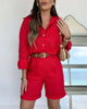 Women's Casual Long-Sleeve Shirt & Shorts Set – Cotton 2-Piece by FitiqueFit