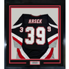 Framed Autographed/Signed Dominik Hasek 35x39 Buffalo Black Hockey Jersey Beckett BAS COA by Hall of Fame Sports Memorabilia