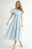 Eyelet Lace Puff Sleeve V Neck Midi Dress For Women – Elegant Fluttering Eyelet Lace Midi Dress, Puff Sleeve Detail, Timeless V Neck Design, Sophisticated Summer Dress by Stevvex