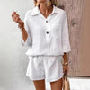 Women's Lapel Collar Double-Panel Shirt & Shorts Two-Piece Set by FitiqueFit