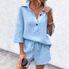 Women's Notch-Lapel Short-Sleeve Top & Belted Shorts Two-Piece Set by FitiqueFit