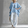 Women's Striped Batwing-Sleeve Loose Linen Two-Piece Set by FitiqueFit