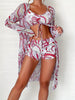Modern Geo 3-Piece Bikini Set – Vibrant Geometric Print Fluttering Swimwear with V-Neck Top Boxer Shorts Bottoms and Long Sleeve Cover Shirt – Comfortable High-Stretch Women’s Beachwear for Pool & Summer Vacations by Stevvex