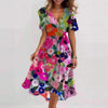 Floral Print A-Line Dress – V-Neck Short Sleeve Midi Dress by FitiqueFit