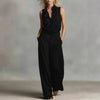 Women’s Linen Blend Two-Piece Set – Sleeveless Shirt & Wide-Leg Pants by FitiqueFit