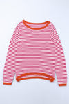 Pink Contrast Trimmed Striped Drop Shoulder Sweater