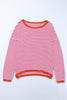 Pink Contrast Trimmed Striped Drop Shoulder Sweater
