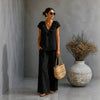 Women's V-Neck Ruffled Hem Top & Wide-Leg Pants Two-Piece Set by FitiqueFit