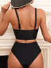 Bikini Solid Black Twist Front High Waist 2 Piece Swimsuit for Women – Stretchy V Neck Bikini Set with Ruched Tummy Control and Cross Strape Detail – Quick Drying Polyamide Swimwear for Beachwear Poolside and Summer Travel by Stevvex