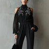 Black Embroidered Women’s Long-Sleeve Wide-Leg Jumpsuit by FitiqueFit