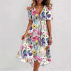 Floral Print A-Line Dress – V-Neck Short Sleeve Midi Dress by FitiqueFit