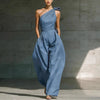 Women's Loose Sleeveless Off-Shoulder Belted Wide-Leg Jumpsuit by FitiqueFit