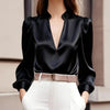 Women’s Satin V-Neck Long Sleeve Top – Slim Fit Solid Color Blouse by FitiqueFit