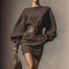 Women’s Brown Bodycon Mini Dress — Boat Neck, Long Sleeve by FitiqueFit