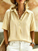 Women's Striped Short-Sleeve Shirt with Turn-Down Collar by FitiqueFit