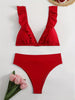 New Elegance Curve V-Neck Bikini Set – Sleek Solid Color High Waist Swimsuit with High-Cut Leg and Delicate Lettuce Trim – Stretch Comfort and Easy-Care Two-Piece Swimwear for Women’s Poolside Style by Stevvex