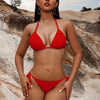 Bikini Solid Red Triangle Halter V Neck 2 Piece Swimsuit for Women – Stretchy Tie Back and Side Laced Bikini Set with Sexy Lace Up Detail – Bold Summer Swimwear for Beach Vacations Pool Parties and Sunbathing Style by Stevvex