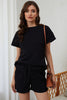 Black 2pcs Solid Textured Drawstring Shorts Set