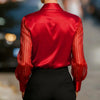 Women’s Satin Lapel Collar Blouse – Sheer Long Sleeve Button-Down Shirt for Office & Spring/Autumn Wear by FitiqueFit