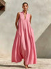 Linen Blend Sleeveless Stand-Collar Maxi Dress – 5 Colors S–3XL by FitiqueFit