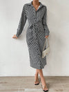 Printed Tie Waist Long Sleeve Midi Shirt Dress