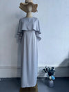 Light Blue Satin Bat Shawl Waist-controlled Long Sleeves Dress
