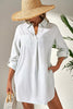 White Stripe Collared V Neck Chest Pocket Long Sleeve Beach Cover up by Wild and Free Boutique