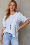 Light Blue Boho Floral Print Smocked Puff Sleeve Blouse