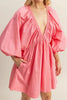 Plunge Balloon Sleeve Poplin Mini Dress with Pockets –Bold, Chic, Sexy and Trendy Plunge Neckline Dress with Balloon Sleeves and Functional Pockets by Stevvex
