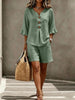 Women's Buttoned V-Neck Ruffle-Trim Top & Shorts Two-Piece Set by FitiqueFit