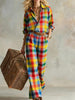 Women's Vertical Stripe Collared Loose Long-Sleeve Shirt & Wide-Leg Pants Set by FitiqueFit