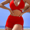 Coastal Curve Halter Bikini Set for Women – V-Neck Crisscross Drawstring Swimsuit with Chic Ring Detail & High-Waisted Boxer Shorts for Summer – Sleek Two-Piece Nylon Swimwear for Women’s Beach & Poolside Style by Stevvex