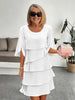 Patchwork Cake Midi Dress – Round Neck Short Sleeve Tiered Skirt by FitiqueFit
