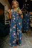 Beau Blue Floral Print Pleated High Waist Wide Leg Denim Jumpsuit by Wild and Free Boutique