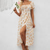 Square Neck Floral Print Dress With Puff Sleeves & Side Slit Maxi Dress by FitiqueFit