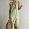 Striped Stand Collar Side-Slit Sleeveless Maxi Dress – A-Line Cami by FitiqueFit
