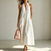 Cotton Halterneck Sleeveless Deep V-Neck Loose Straight-Line Dress by FitiqueFit