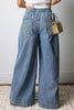 Sky Blue Stripe Button Pleated Drawstring Waist Casual Wide Leg Jeans by Wild and Free Boutique