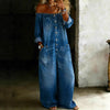 Women's Off-Shoulder Washed Faux Denim Strap Overalls Jumpsuit by FitiqueFit