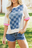 Dusk Blue Checkered Denim Patchwork Short Sleeve Loose Top by Wild and Free Boutique