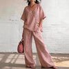 Women's Loose Cotton-Linen V-Neck Top & Wide-Leg Pants Set by FitiqueFit