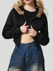 Black Fuzzy Hem Hooded Zip-Up Jacket With Long Sleeves and Casual Style Jacket by Stevvex